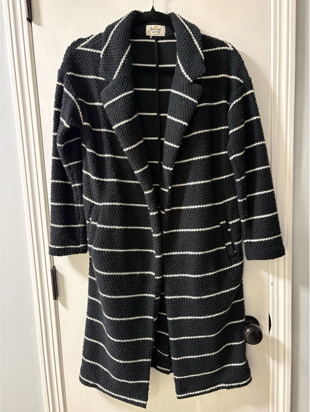 Marine Layer Birdseye Black White Stripe Coat XS Open Front Cardigan Sweater